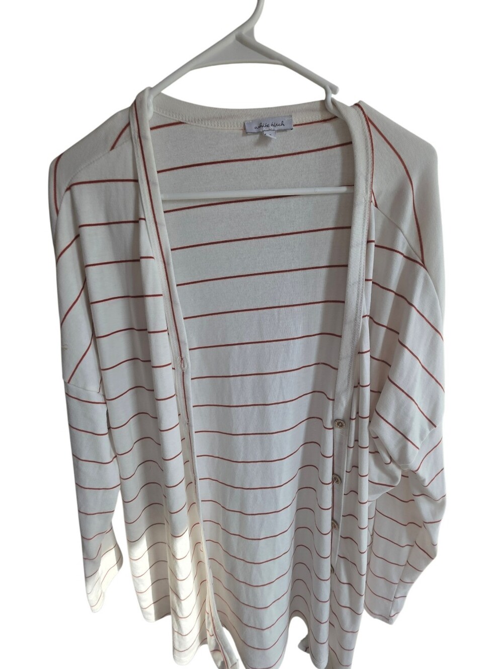 white birch Cream Cardigan with Thin Red Stripes